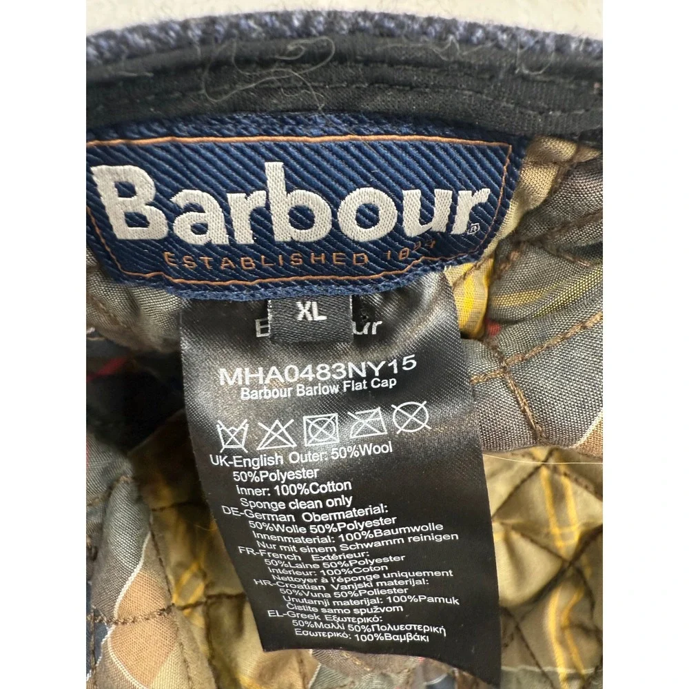 Barbour Barlow Flat Cap‎ Mens XL Navy Blue Herringbone Wool Blend MHA0483NY15